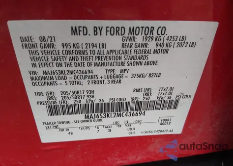 2021 Ford Ecosport Titanium z USA, uszkodzony, nr VIN MAJ6S3KL2MC436694